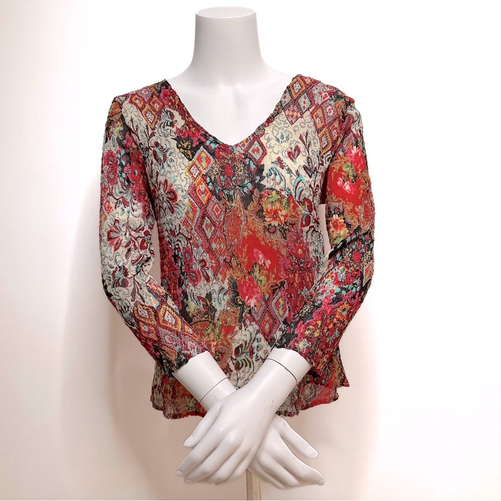 Alberto Makali Red Paisley Floral Print Sheer Balletcore Artsy Blouse Top SZ L